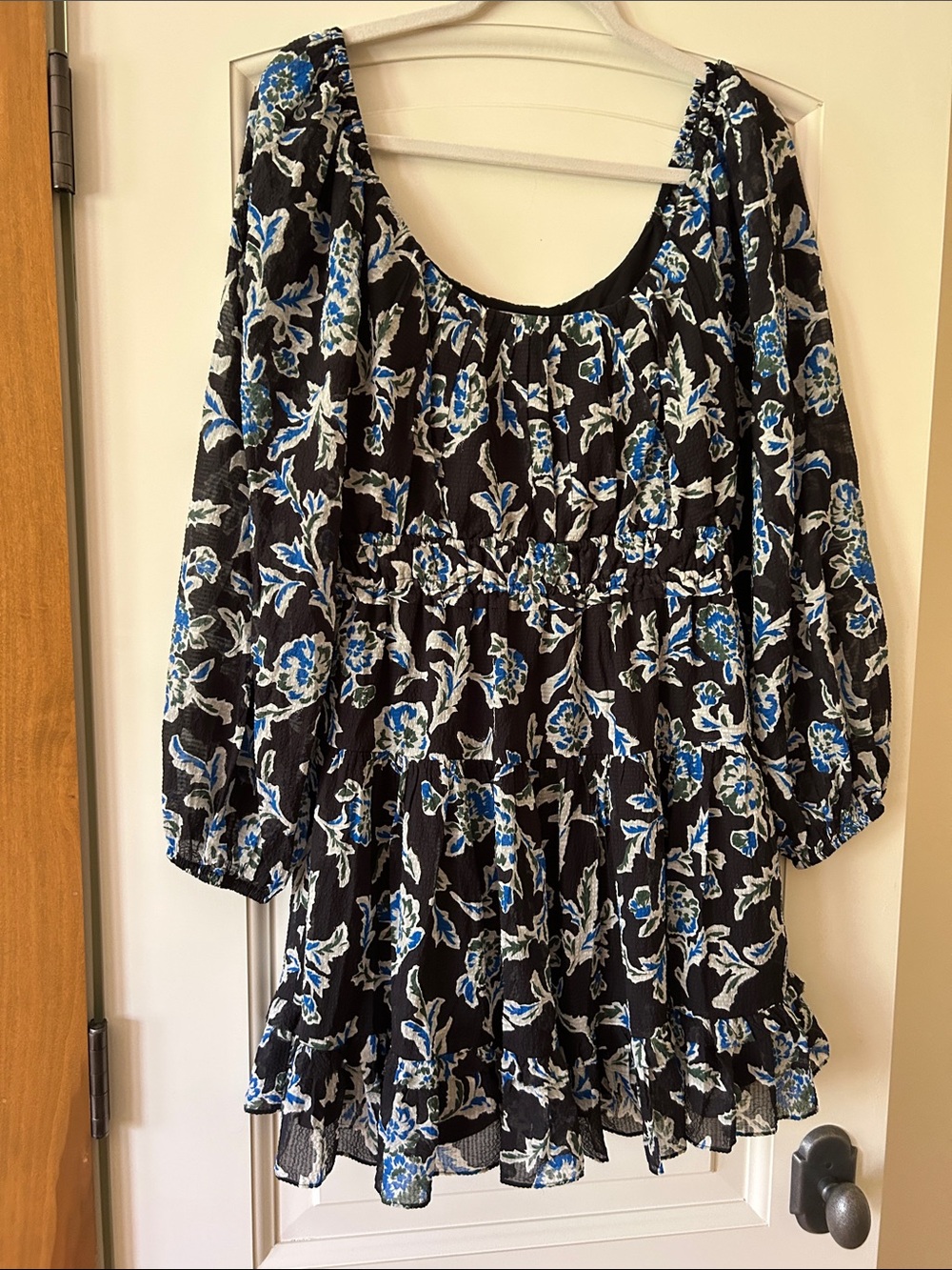 Tanya Taylor Black Dress with Blue and White Floral Print beautiful scoop neck